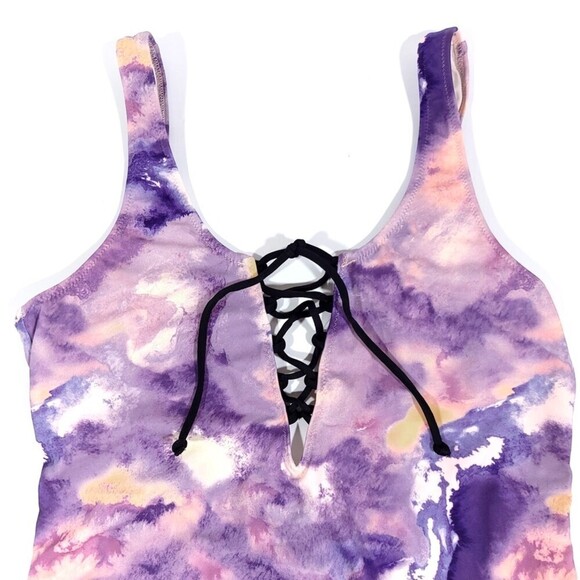PINK Victorias Secret Lace Up Tie Dye One Piece Swimsuit boho Purple Haze Small - Picture 2 of 10